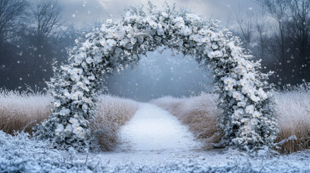 A breathtaking winter wedding archway adorned with white flowers amidst a snowy landscape. The serene atmosphere evokes romance and tranquility for a dreamy ceremony.の素材