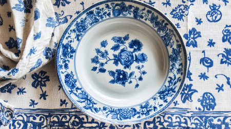 A beautifully crafted vintage plate featuring intricate floral designs on a blue and white background, ideal for enhancing table settings and decor.の素材