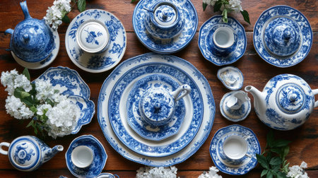 A beautifully arranged blue and white tea set featuring floral designs on a rustic wooden table. Perfect for elegant gatherings and tea parties.の素材