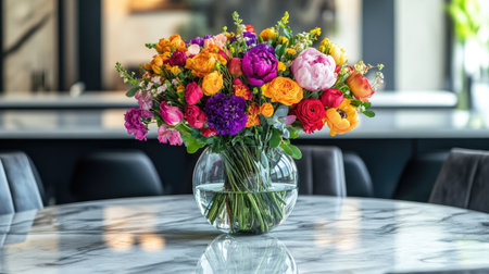A stunning flower arrangement featuring vibrant blooms in a glass vase, placed on a sleek marble table. The colorful display brings cheerful ambiance to any interior space.の素材