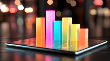 A vibrant bar graph displayed on a tablet screen captures attention with its colorful bars and blurred background lights, symbolizing data analysis and business insights.の素材