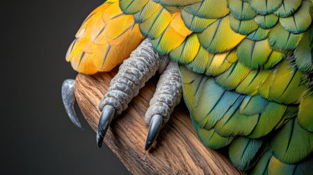 This detailed image showcases the vibrant feathers and claws of a parrot perched on a wooden surface. The rich colors highlight the beauty of wildlife.の素材