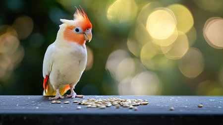 A charming portrait of a cockatoo bird perched on a feeding surface, surrounded by a beautiful bokeh background. The bird's vibrant plumage adds color.の素材