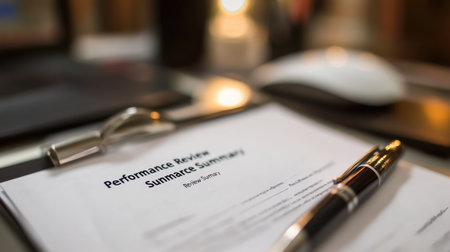 This image features a detailed performance review summary document placed on an office desk. A pen and computer mouse accompany the paperwork, suggesting a workspace focused on evaluation.の素材