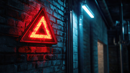 A bright red warning signal shines against a dark brick wall in an industrial environment, emphasizing safety and alertness. Ideal for safety themes.の素材