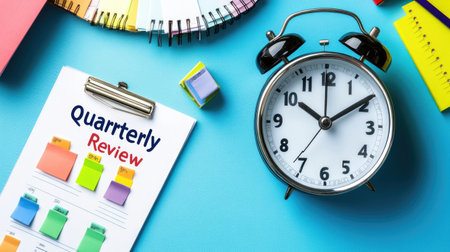 A vibrant workspace featuring a clock, clipboard with quarterly review, and colorful stationery items. Perfect for planning and organization themes.の素材