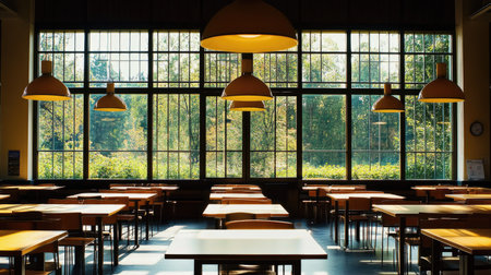 This image showcases a bright dining area featuring ample windows that allow natural light and scenic greenery to create a refreshing atmosphere.の素材