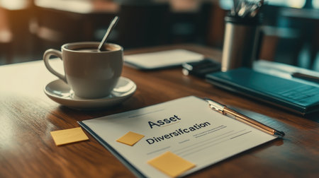 A serene workspace featuring a coffee cup beside an asset diversification document. The scene captures a thoughtful approach to financial planning and strategy.の素材