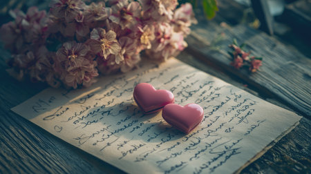 A romantic scene featuring two pink hearts on a handwritten letter surrounded by delicate flowers. Captures love and nostalgia in a soft, tranquil setting.の素材