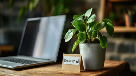 A serene work environment featuring a vibrant green plant beside a laptop on a wooden desk, emphasizing a decluttered workspace for increased productivity and tranquility.の素材