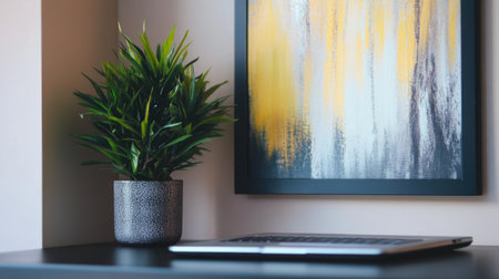 This image showcases a modern home office corner featuring a sleek laptop, a vibrant plant, and striking abstract wall art, creating a serene workspace.の素材