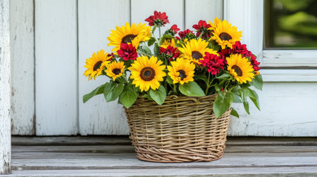 A beautiful arrangement of sunflowers and red flowers in a woven basket, enhancing outdoor spaces with cheerful colors and a rustic charm. Perfect for home decoration.の素材