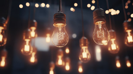 This captivating image features warm glowing light bulbs hanging from above, creating a cozy and inviting ambiance in a dark space. Perfect for design inspiration.の素材