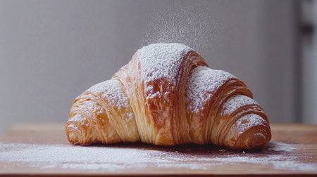 This exquisite croissant features flaky layers and is lightly dusted with powdered sugar. Perfect for breakfast or an afternoon treat that delights the senses.の素材