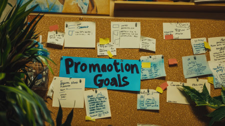 A vibrant cork board displays promotion goals, with colorful sticky notes and thoughtful reminders surrounded by lush plants, creating an inspiring workspace.の素材