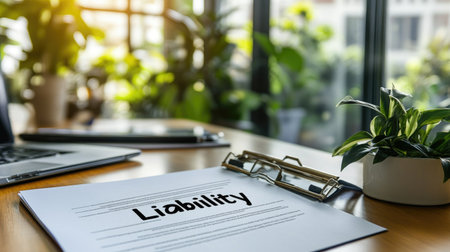 A close-up view of a liability document on a desk with greenery in the background. The scene includes a laptop, glasses, and natural light, creating a serene workspace atmosphere.の素材