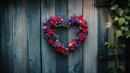 A stunning heart-shaped floral wreath made of vibrant blooms adorns a rustic wooden wall. This beautiful piece adds a touch of romance and nature to any space.の素材