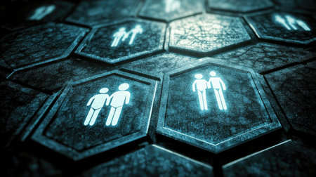 This captivating abstract image showcases hexagonal tiles with glowing human icons, symbolizing connection and community in a modern digital environment.の素材