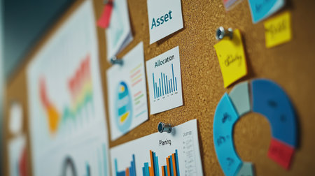 A vibrant corkboard showcases various financial planning charts and graphs, presenting key data and insights visually for enhanced business strategy and organization.の素材