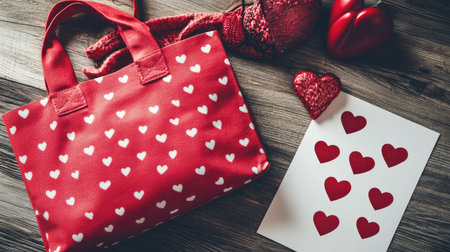 A charming red bag adorned with white hearts, perfect for romantic occasions. Surrounding it are decorative elements for a heartfelt presentation.の素材