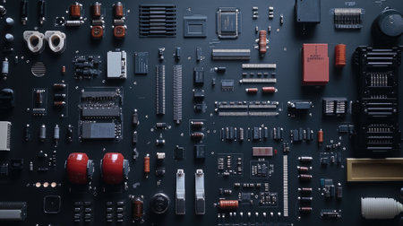 A stunning close-up view of various electronic components arranged on a dark surface. This image captures the intricate details and textures of hardware and circuitry, ideal for technology and engineering themes.の素材