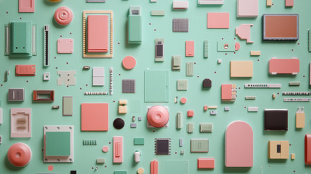 This vibrant arrangement of colorful geometric shapes on a mint background creates a playful and modern aesthetic perfect for various design projects.の素材