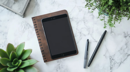 A minimalist workspace featuring a smartphone, notebook, and pens on a marble surface. Green plants add a touch of nature, creating a calming atmosphere for creativity.の素材