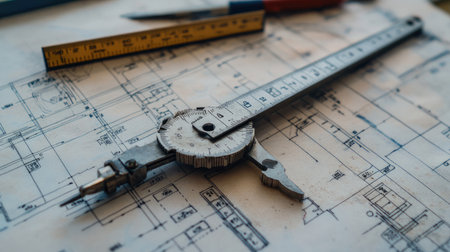 A vintage caliper rests on an architectural blueprint, surrounded by drawing tools, showcasing the essence of craftsmanship and precision in design.の素材