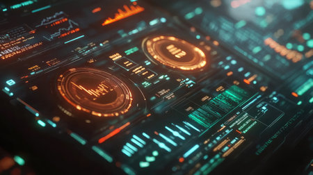 A futuristic digital user interface showcasing intricate graphs and data visualizations. Perfect for themes related to technology, analytics, and innovation.の素材