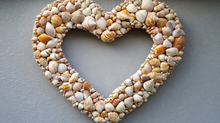 A stunning heart shape crafted from a variety of seashells rests against a gray background. This unique piece adds a coastal charm to any decor and evokes memories of summer by the sea.の素材