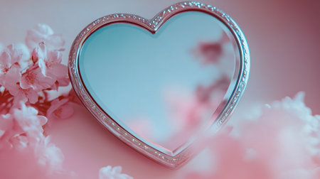 A heart-shaped mirror rests among delicate pink blossoms, creating a romantic and serene atmosphere. Ideal for themes of love, beauty, and elegance.の素材