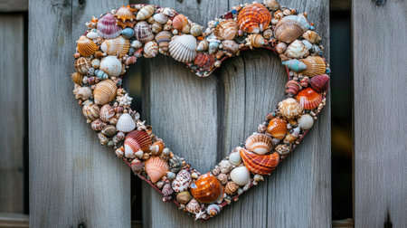 A lovely heart-shaped decoration made of assorted seashells resting on a wooden fence, capturing the essence of coastal beauty and summer vibes.の素材