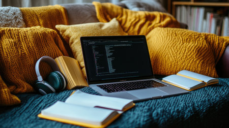A cozy home workspace featuring a laptop, notebooks, and headphones on a vibrant couch, inviting creativity, learning, and relaxation in a warm atmosphere.の素材
