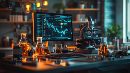 A modern laboratory featuring a computer with data analysis, a microscope, and various glassware. The environment illuminates innovation in scientific research, combining technology with experimental setups.の素材