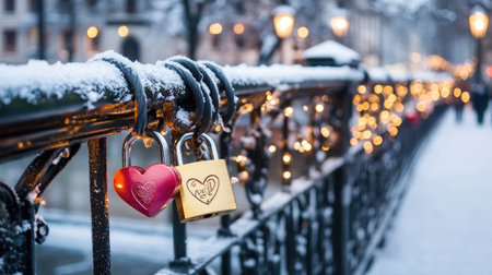 A vibrant scene showcasing colorful love locks on a snowy rail, illuminated by soft lights, depicting romance and winter charm in an enchanting urban setting.の素材