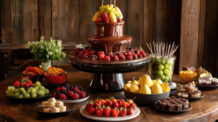 A stunning display of chocolate fondue surrounded by an array of fresh fruits and desserts, perfect for celebrations and events. Visually captivating and delicious!の素材