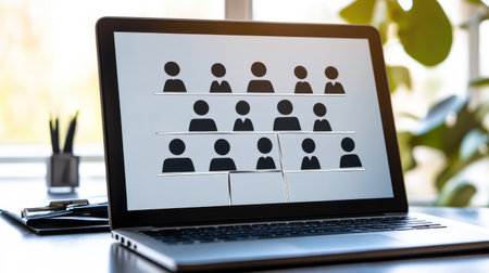 Visual representation of a digital team collaborating online via a laptop screen, showcasing teamwork and communication in a modern remote workspace.の素材