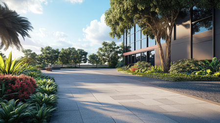 A beautiful modern landscape featuring tropical plants and a contemporary building. The scene captures a serene atmosphere with vibrant greenery and clear skies.の素材