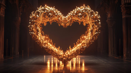 A stunning heart-shaped candle display intricately designed with glowing flames, creating a warm and romantic atmosphere in a gothic-inspired setting.の素材
