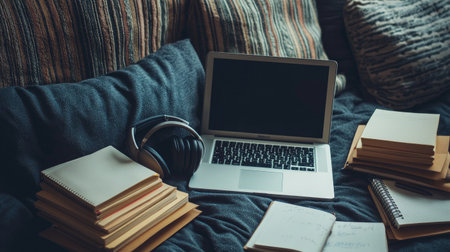 A cozy workspace featuring a laptop, headphones, and stacks of books. Perfect for studying or working from home, this setup inspires creativity and productivity.の素材