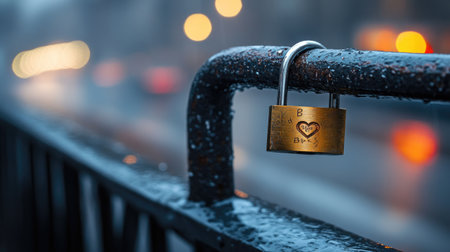 This image features a close-up of a locked love padlock on a wet metal railing. The blurred city lights create a romantic bokeh effect, enhancing the emotional significance of love and commitment.の素材