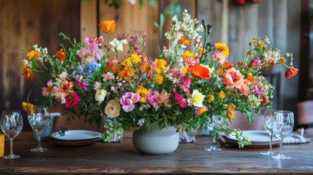 A stunning floral centerpiece featuring a mix of vibrant flowers, ideal for event decoration. This arrangement brings color and joy to any gathering with its fresh and natural aesthetic.の素材