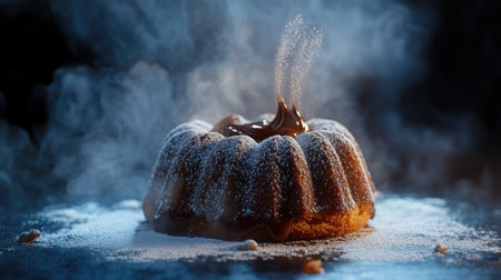 This captivating image features a chocolate bundt cake, elegantly dusted with powdered sugar and surrounded by a misty ambiance, perfect for winter gatherings.の素材