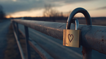 A close-up image of a padlock adorned with a heart symbol attached to a metal barrier, set against a picturesque sunset backdrop, symbolizing love and connection.の素材