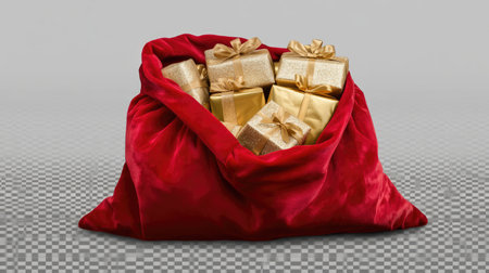 A vibrant red gift bag overflowing with golden wrapped presents creates a festive atmosphere. Perfect for holiday celebrations and gift-giving events.の素材