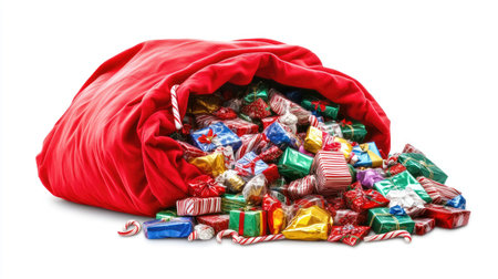 A vibrant red sack spills over with colorful wrapped gifts, perfect for capturing the spirit of the holiday season and the joy of giving and receiving.の素材