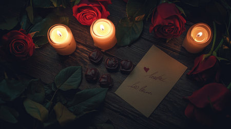 A romantic scene featuring flickering candles, vibrant red roses, and decadent chocolates, creating an intimate atmosphere for love and connection.の素材