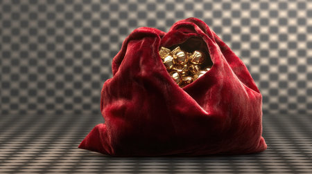 A luxurious velvet bag brimming with shiny golden treasures sits against a stylish checkered backdrop. This image symbolizes wealth, elegance, and abundance, perfect for various creative projects.の素材
