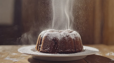 A beautifully presented Bundt cake dusted with powdered sugar sits on a rustic wooden table, exuding warmth and sweetness, ideal for any celebration.の素材