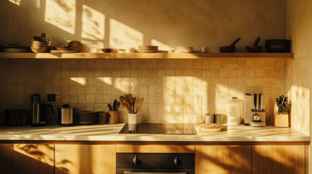 This inviting kitchen features warm wood tones and natural lighting, showcasing a blend of utensils and decor, creating a serene and cozy atmosphere for cooking.の素材